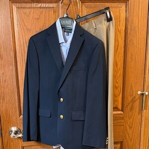 Boys 12R Lauren Ralph Lauren Navy Blazer with Gold Buttons, 12R Shirt, 14R Pants